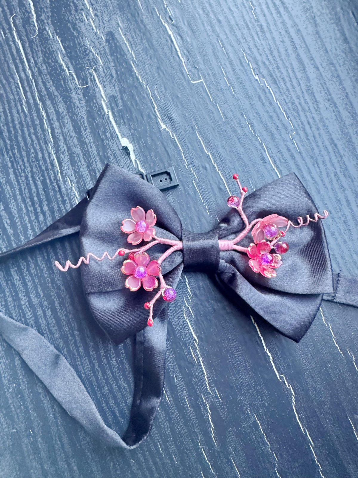 Handmade Bow Tie for women Men,Boys – Black Satin Bow Tie with red color Cherry Blossom Branch – Asian Inspired Wedding Formal Accessory