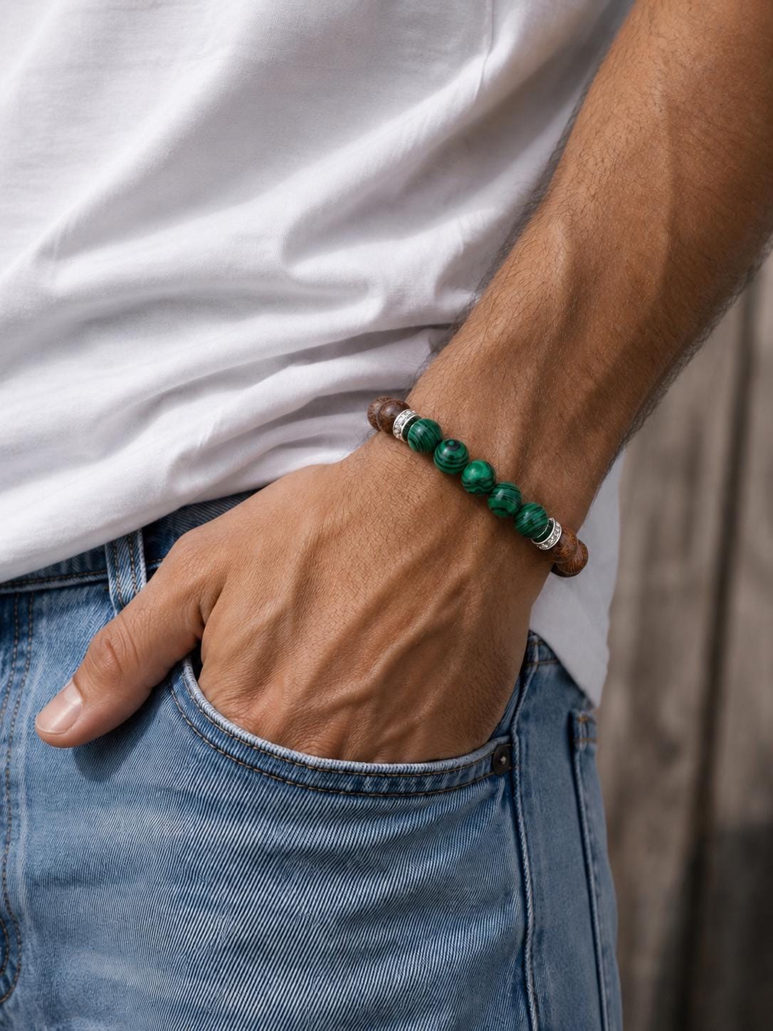 Bracelet for HIM AND HER, Made it with 8mm Sandalwoods and 8mm Green Malachite,  Adjustable knotted cord