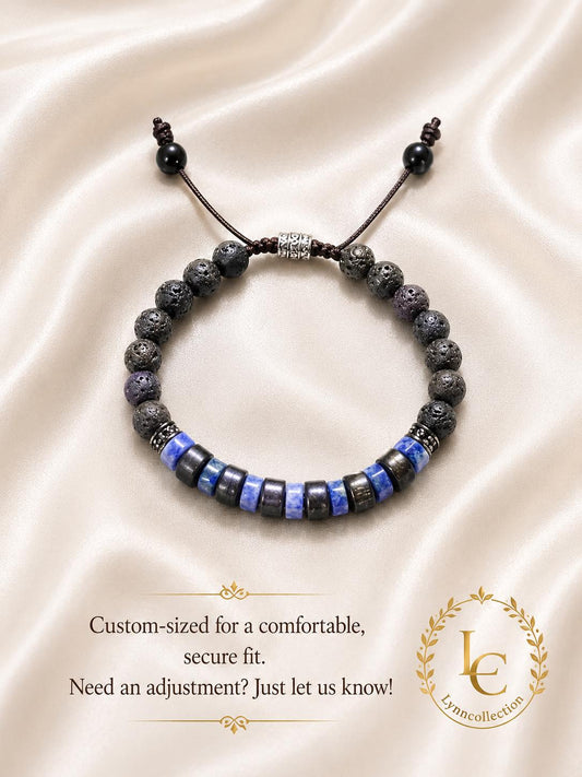 Lava Stone Beaded Bracelet for Men and Women – 3x6mm blue &white Sodalite, 6mm  Lava Stone,4x7mm  Natural Ebony Wood,Adjustable knotted cord