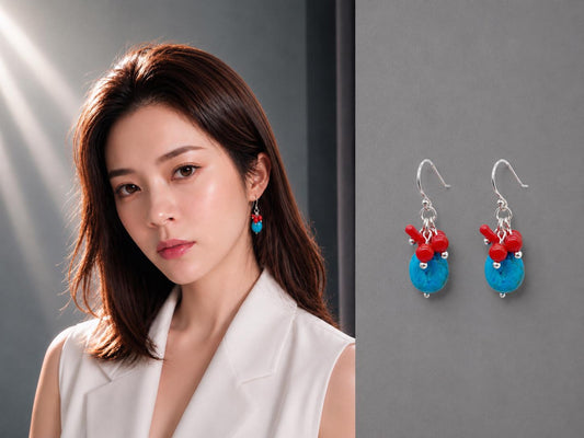 handmade earrings,  Dangle Earrings,  925 Sterling Silver  Hook with turquoise and red coral