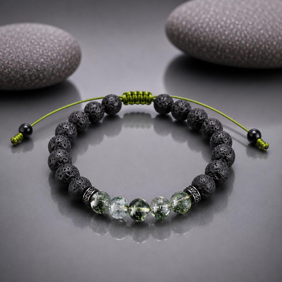 Bracelet for HIM AND HER. Made it with Black Lava Stone &  Green Phantom Quartz,Adjustable Knotted Cord