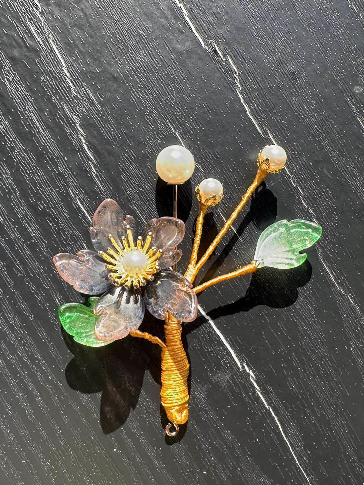 Handmade  brooch, gary color acrylic beads and gemstone beads with silk thread