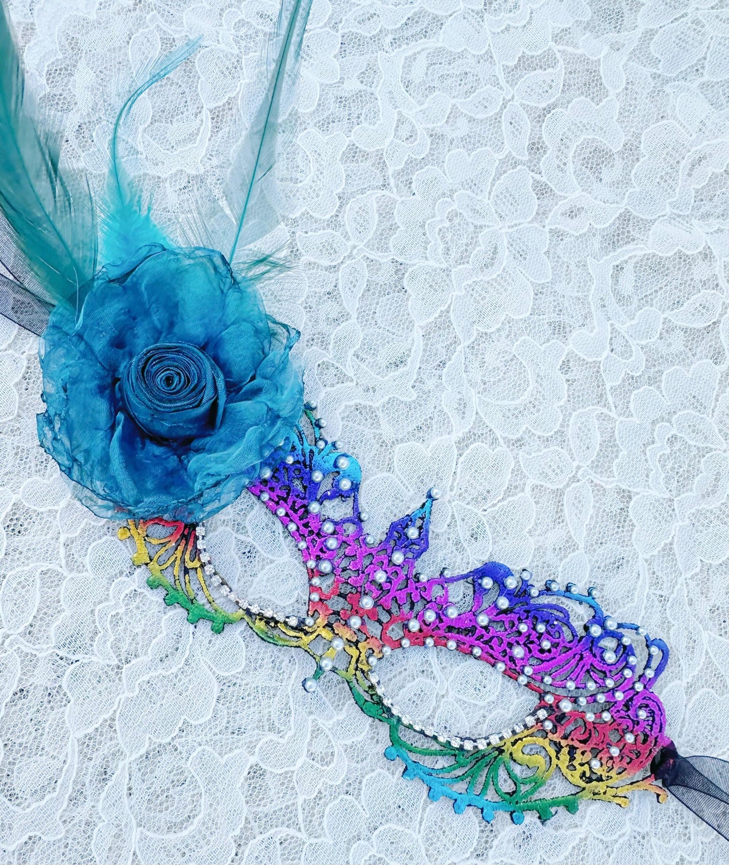 Rainbow color Masquerade Mask with silk flower and white color Resin Pearls , Women's Masquerade Mask, Masquerade Ball Masks, Lace Mask