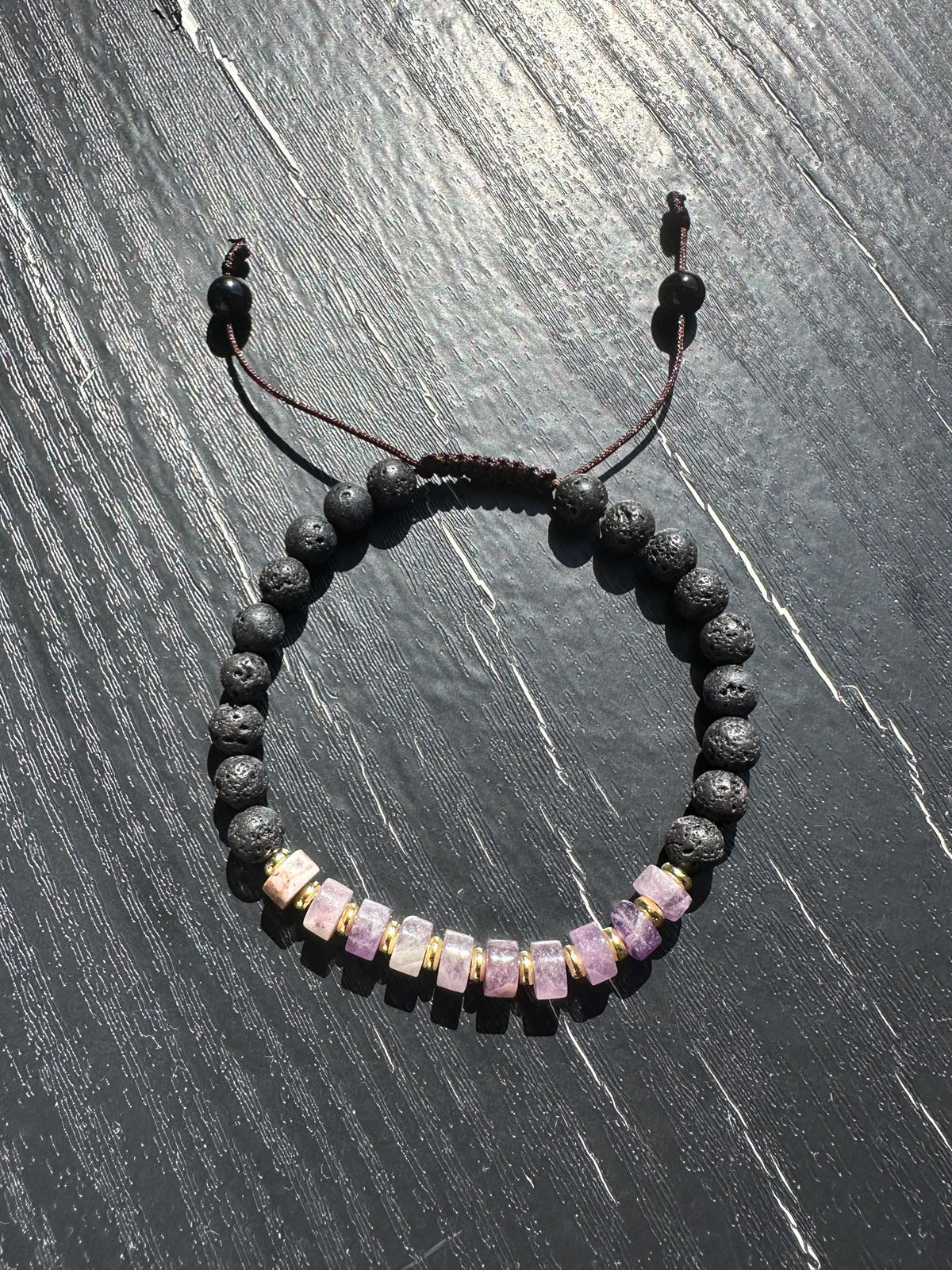 Lava Stone Beaded Bracelet for Men OR Women – Lavender Amethyst, Lava Stone , 14k gold plated space   -Adjustable