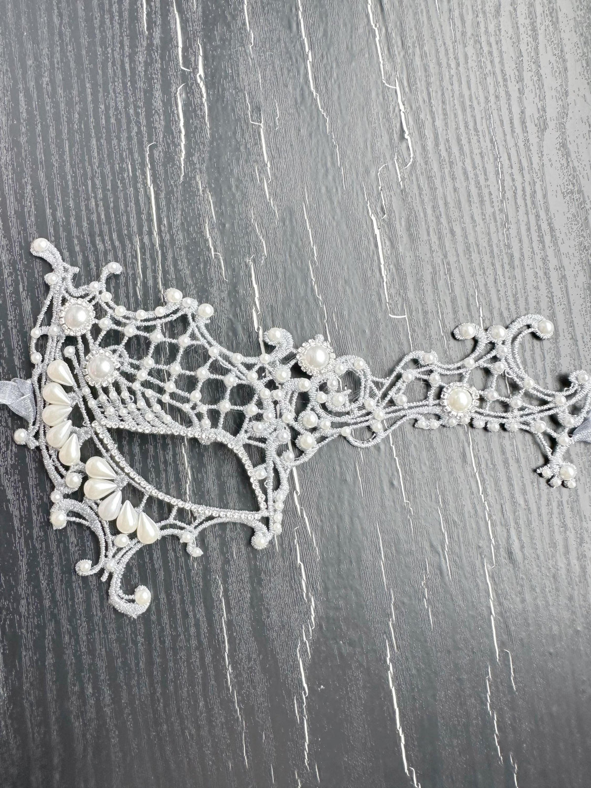 Gray Lace Masquerade Mask, Rhinestones & Pearls