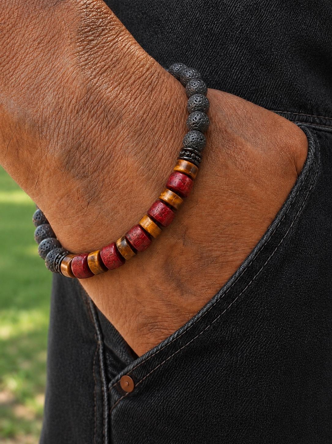 Lava Stone Beaded Bracelet for Him and Her – Tiger eye, Sandalwood, Lava Stones .   -Adjustable