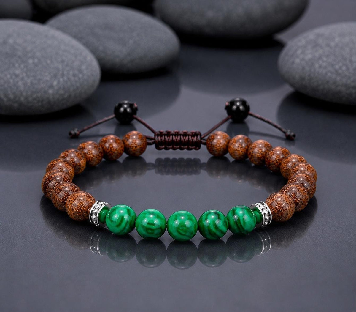 Bracelet for HIM AND HER, Made it with 8mm Sandalwoods and 8mm Green Malachite,  Adjustable knotted cord
