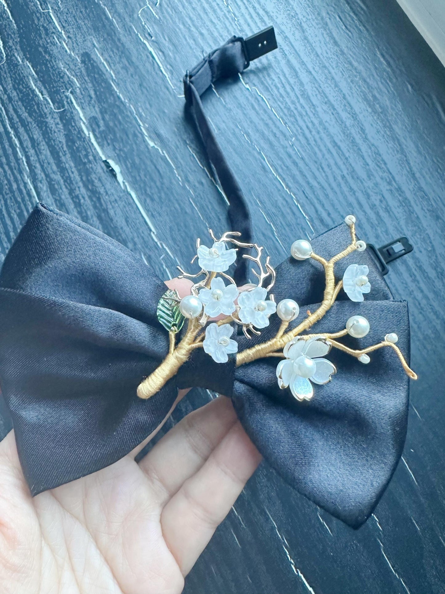 Handmade Bow Tie for women Men,Boys – Black Satin Bow Tie with white color Cherry Blossom Branch – Asian Inspired Wedding Formal Accessory