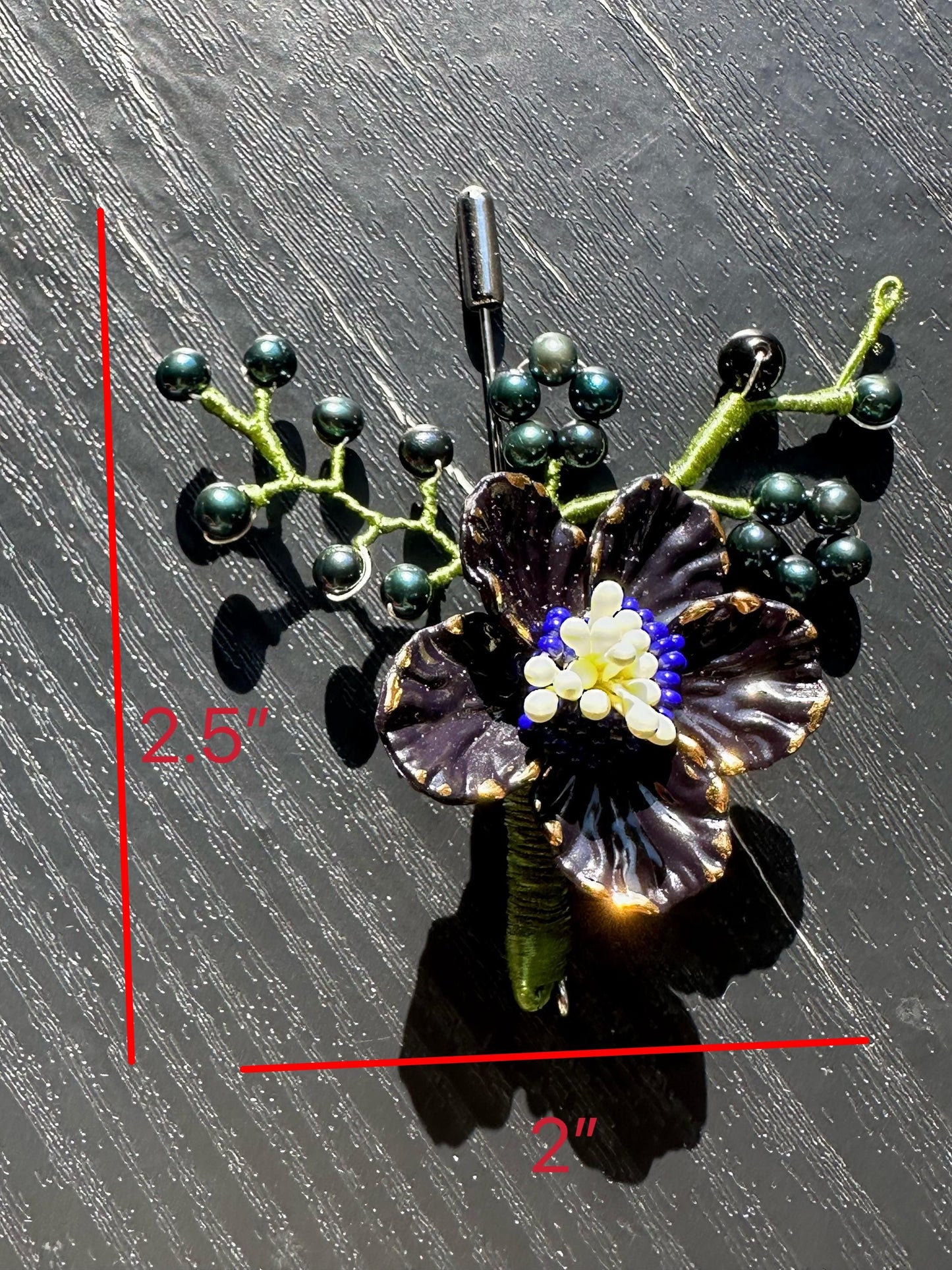 Handmade  brooch, Black color acrylic beads and freshwater pearls with silk thread