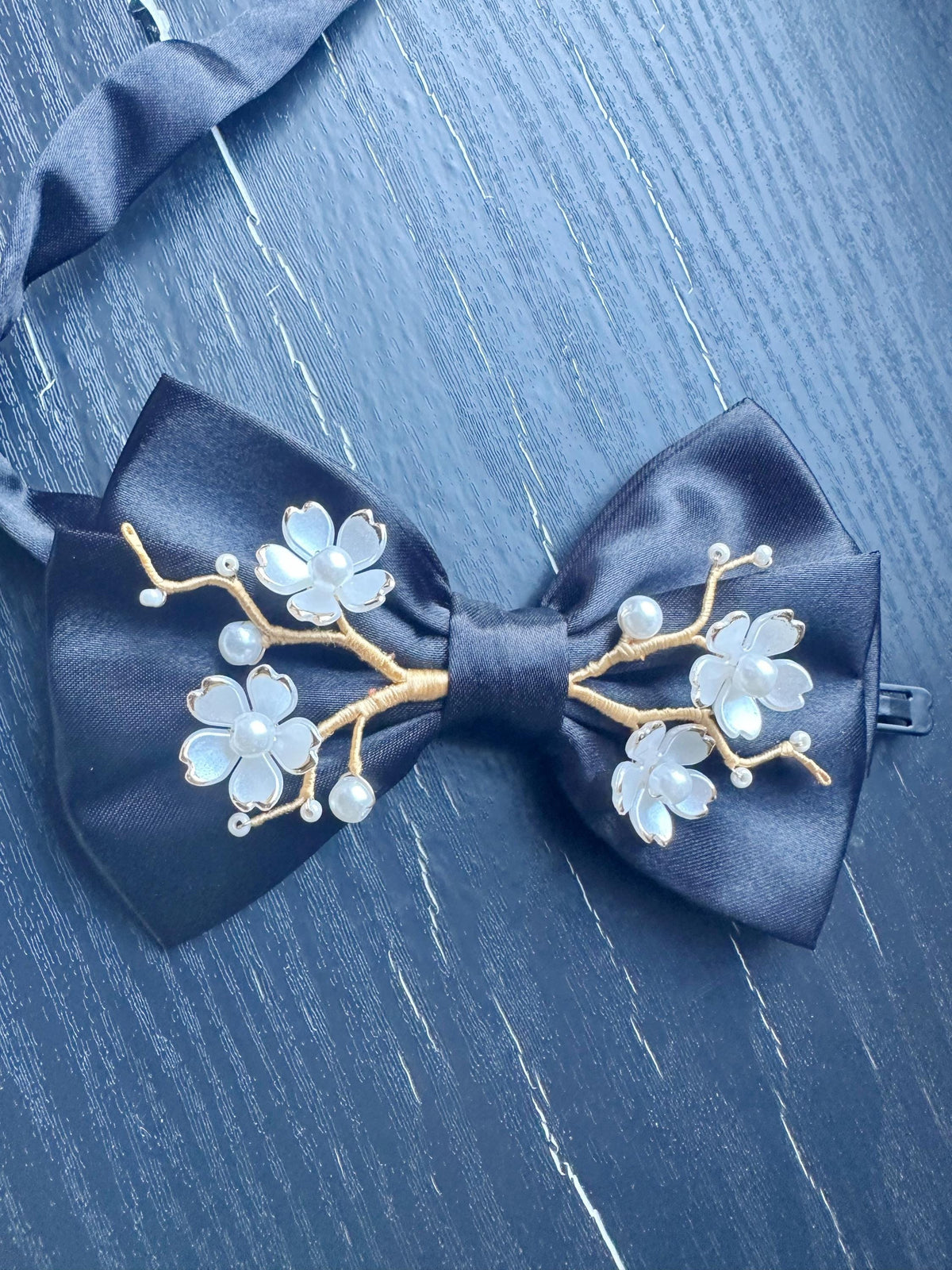 Handmade Bow Tie for women Men,Boys – Black Satin Bow Tie with white Cherry Blossom Branch – Asian Inspired Wedding Formal Accessory