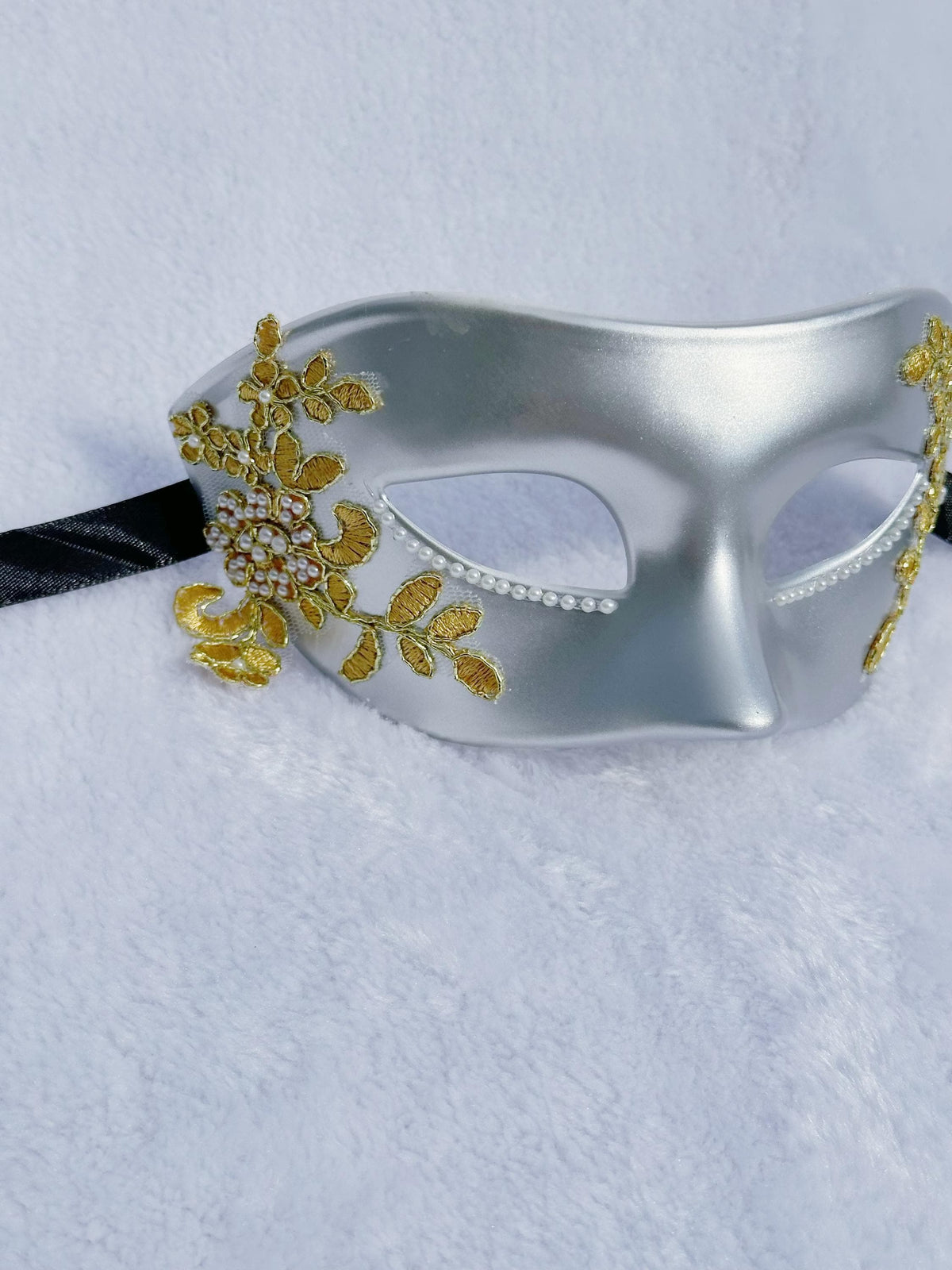 Gray Venetian Masquerade Mask: Gold Lace Mardi Gras Ball Mask