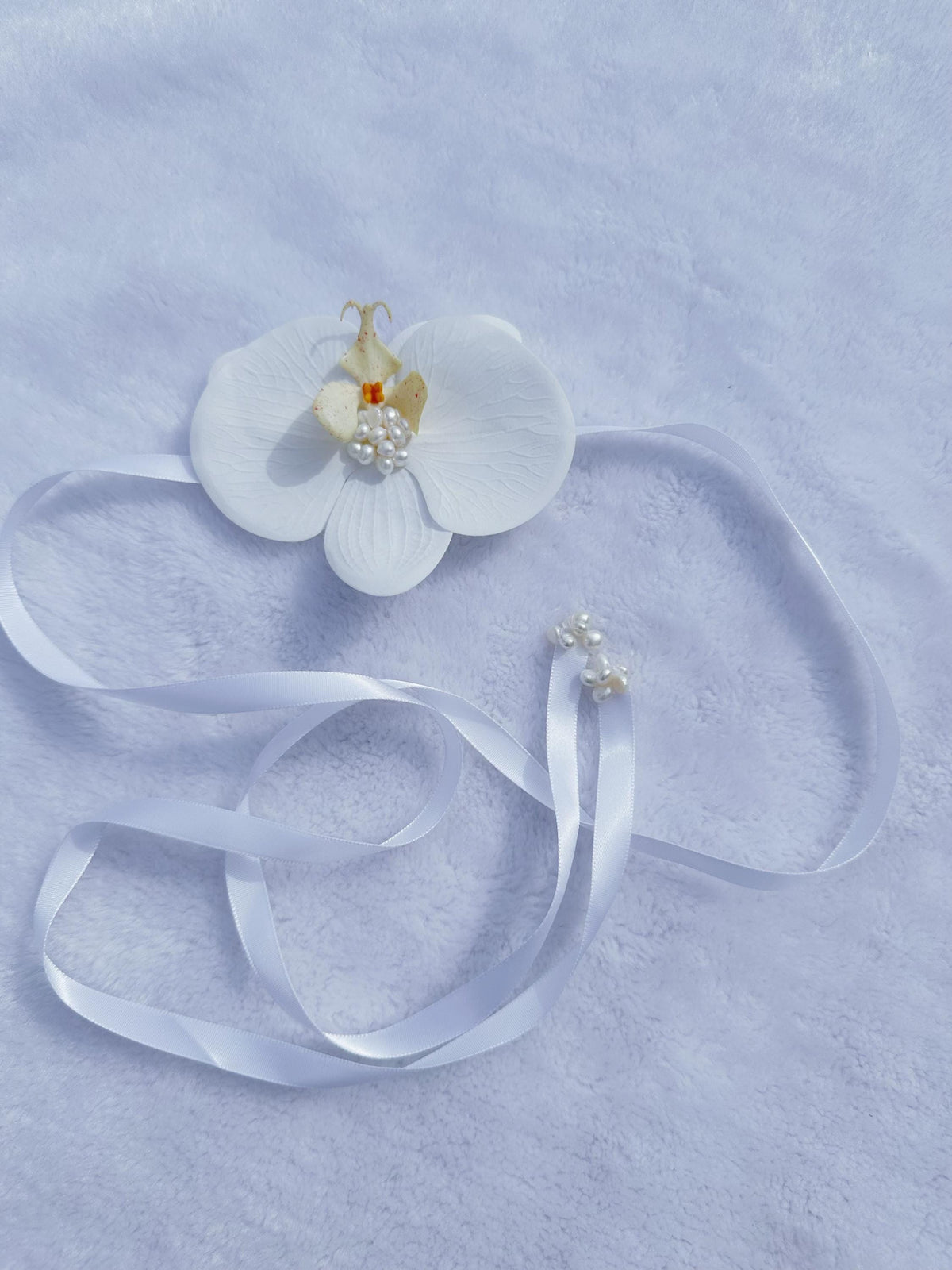 Handmade Ivory Orchid Choker: Gold Beads, Freshwater Pearl Ribbon