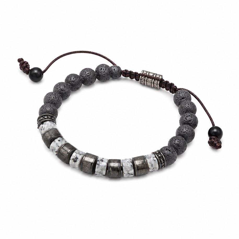 Lava Stone Beaded Bracelet for Men and Women – Black Larvikite,  Lava Stone, Natural Ebony Wood, Beads Size: 6mm, Adjustable Length