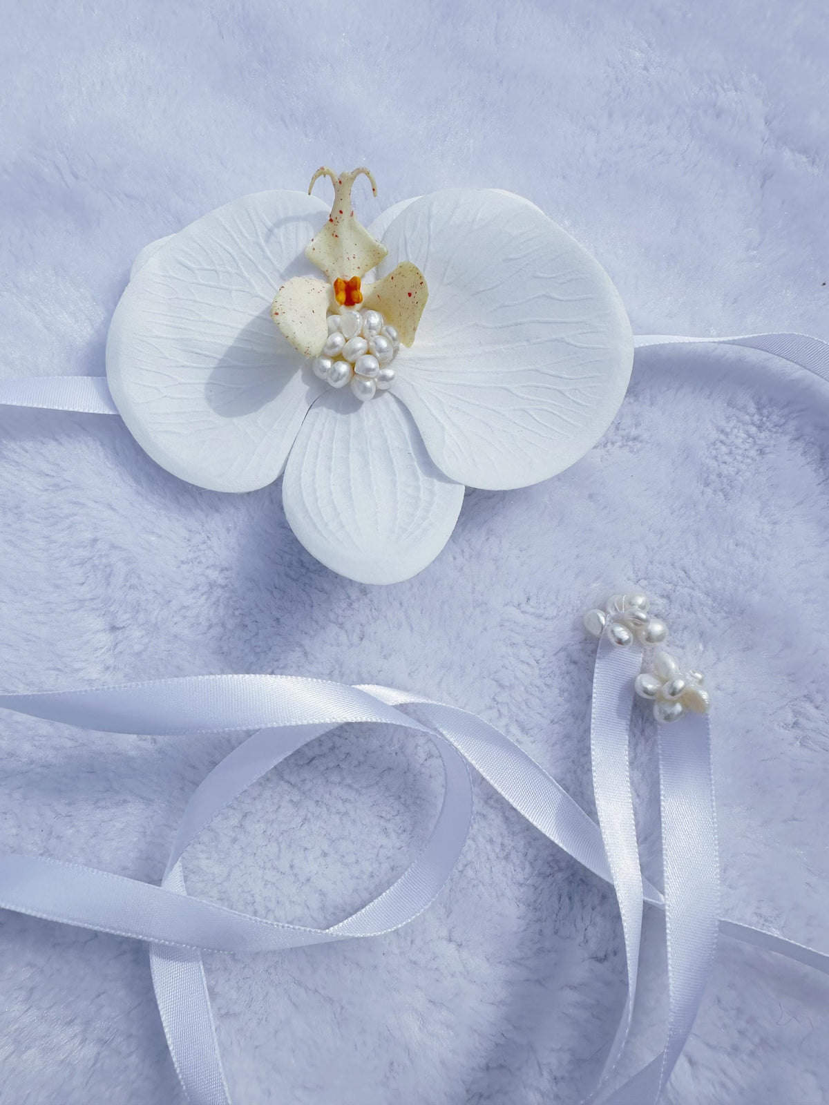 Handmade Ivory Orchid Choker: Gold Beads, Freshwater Pearl Ribbon