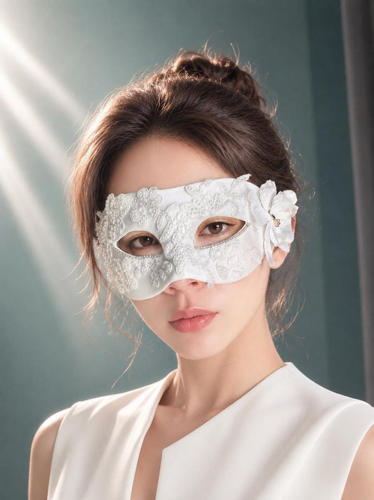 Lace Masquerade Mask: White Orchid Venetian Mask, Mardi Gras Ball (3.15"x7")