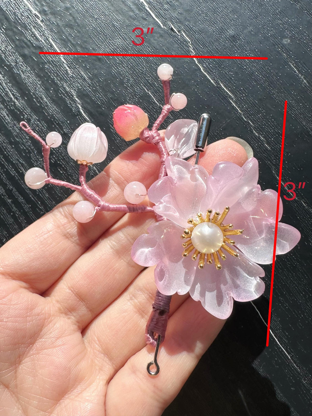 Handmade  brooch, pink color acrylic beads and gemstone beads with silk thread