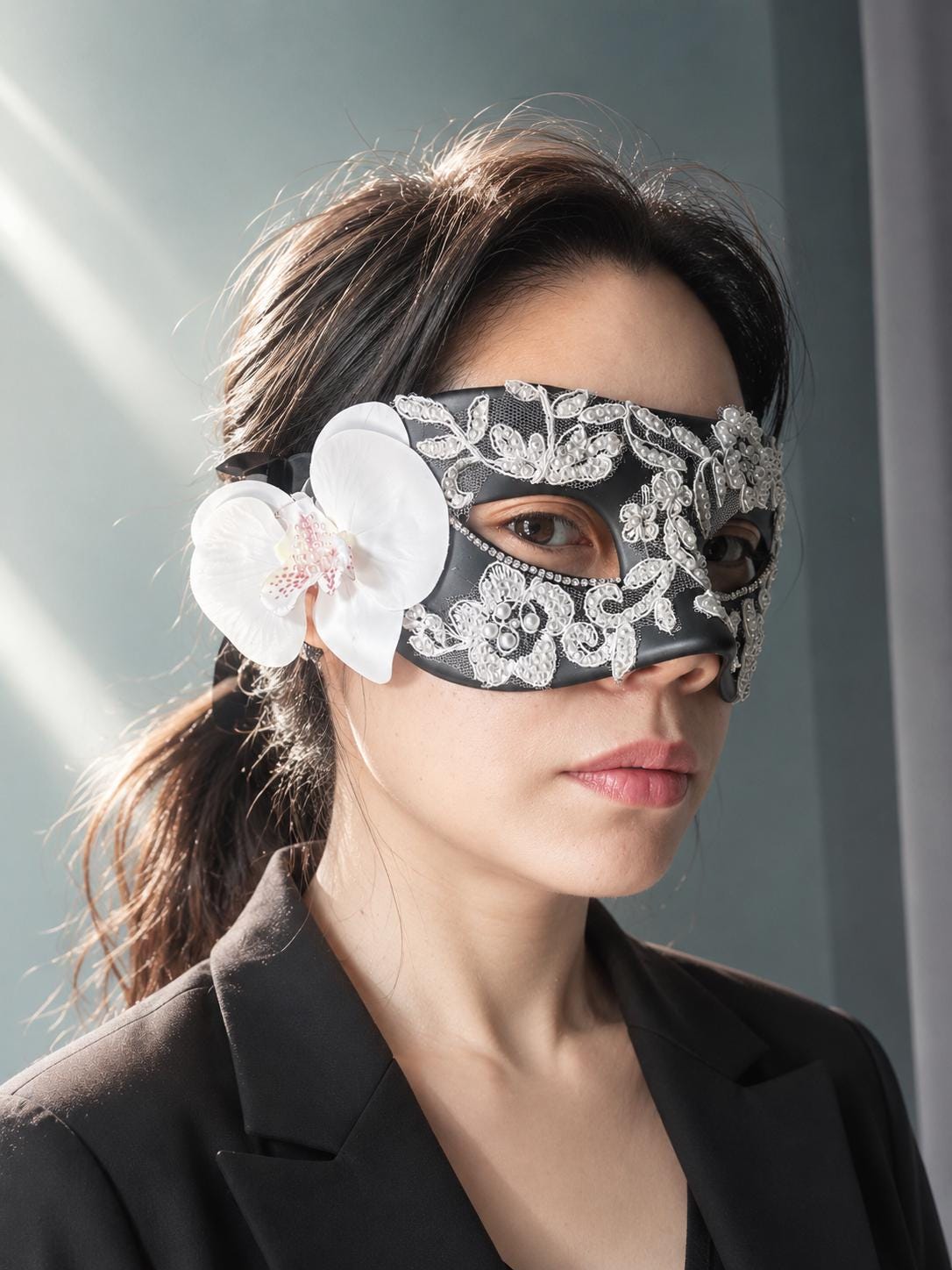 Lace Masquerade Mask: White Orchid with black Venetian Mask and white lace, Mardi Gras Ball (3.15"x7")