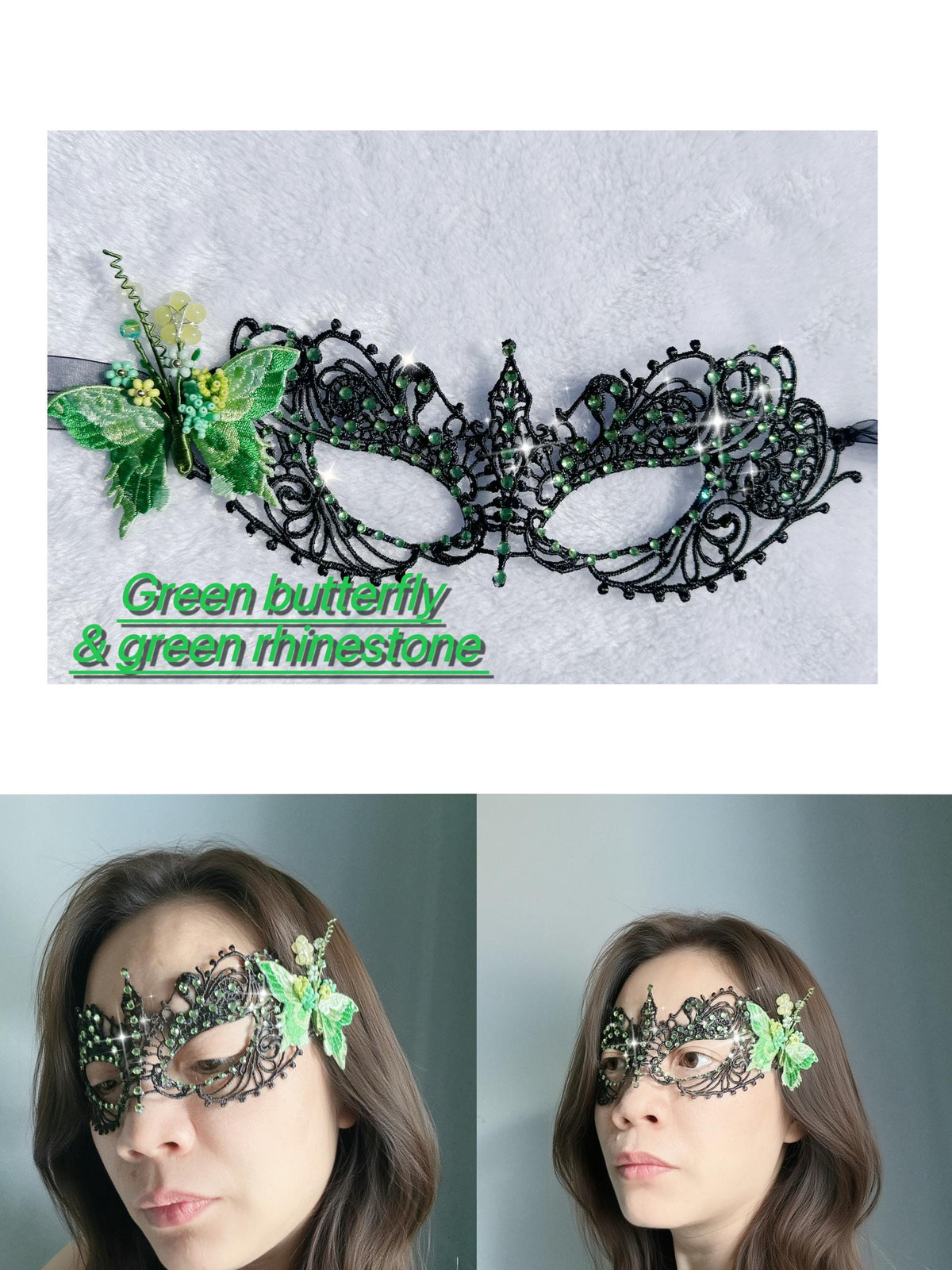 Handmade black lace masquerade mask with green color embroidered butterfly, green color rhinestones, and floral bead embellishments