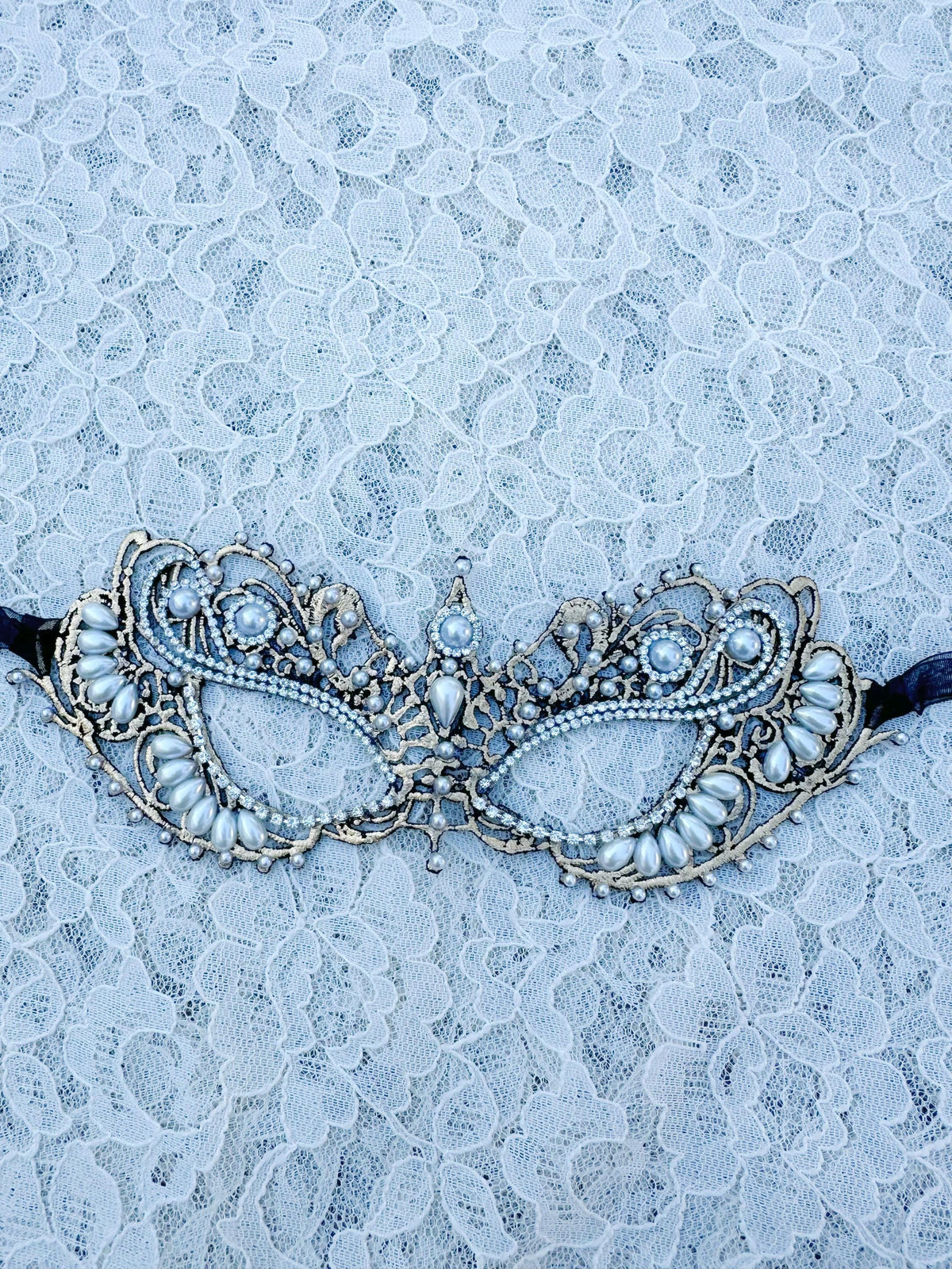 Copper and Black color Lace Masquerade Mask, Embroidered Party Mask with white Resin beads and rhinestone, party mask