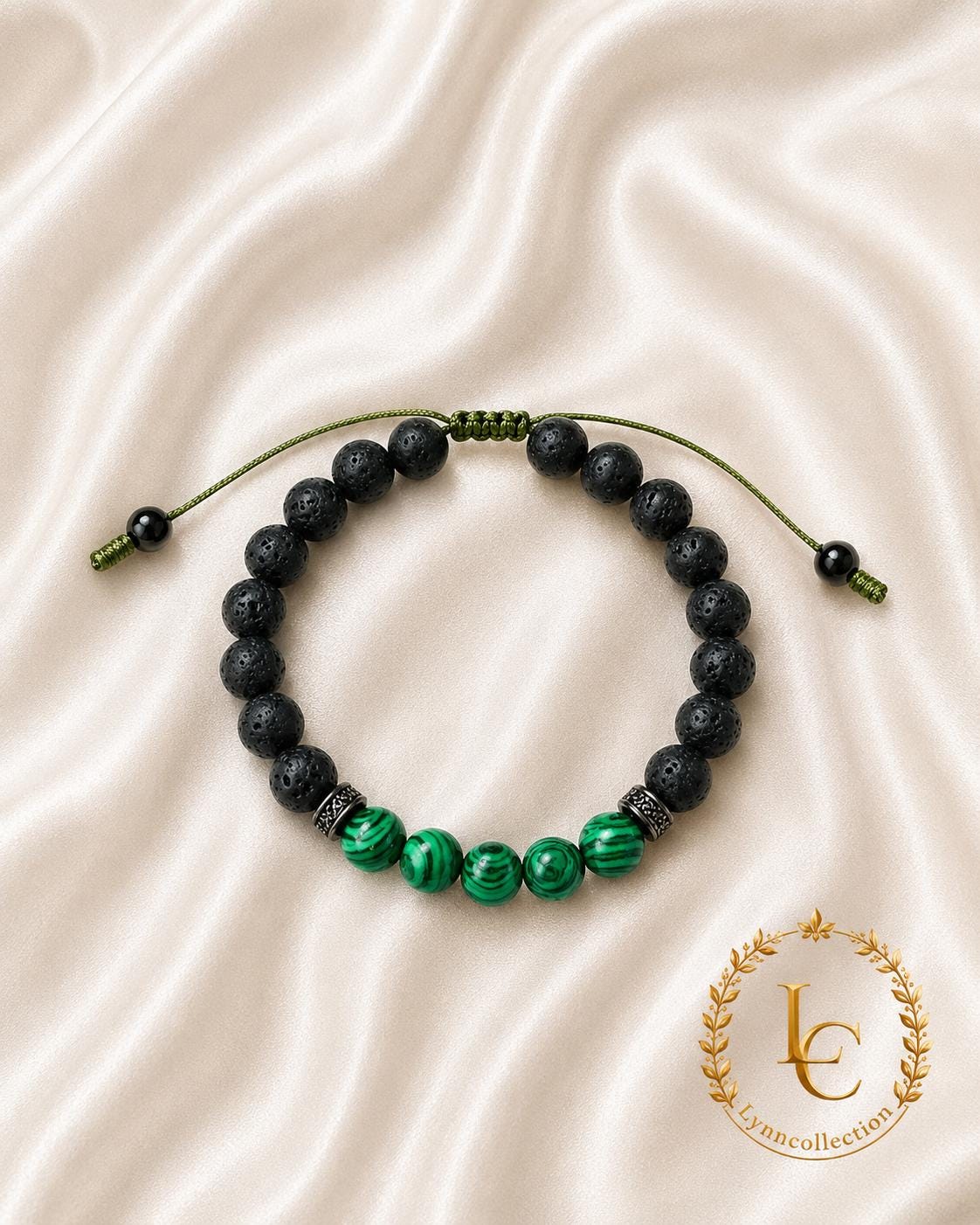 Gemstone Bracelet for HIM OR HER. Black Lava Stone & Malachite Bracelet ,Adjustable Natural Gemstone Bracelet