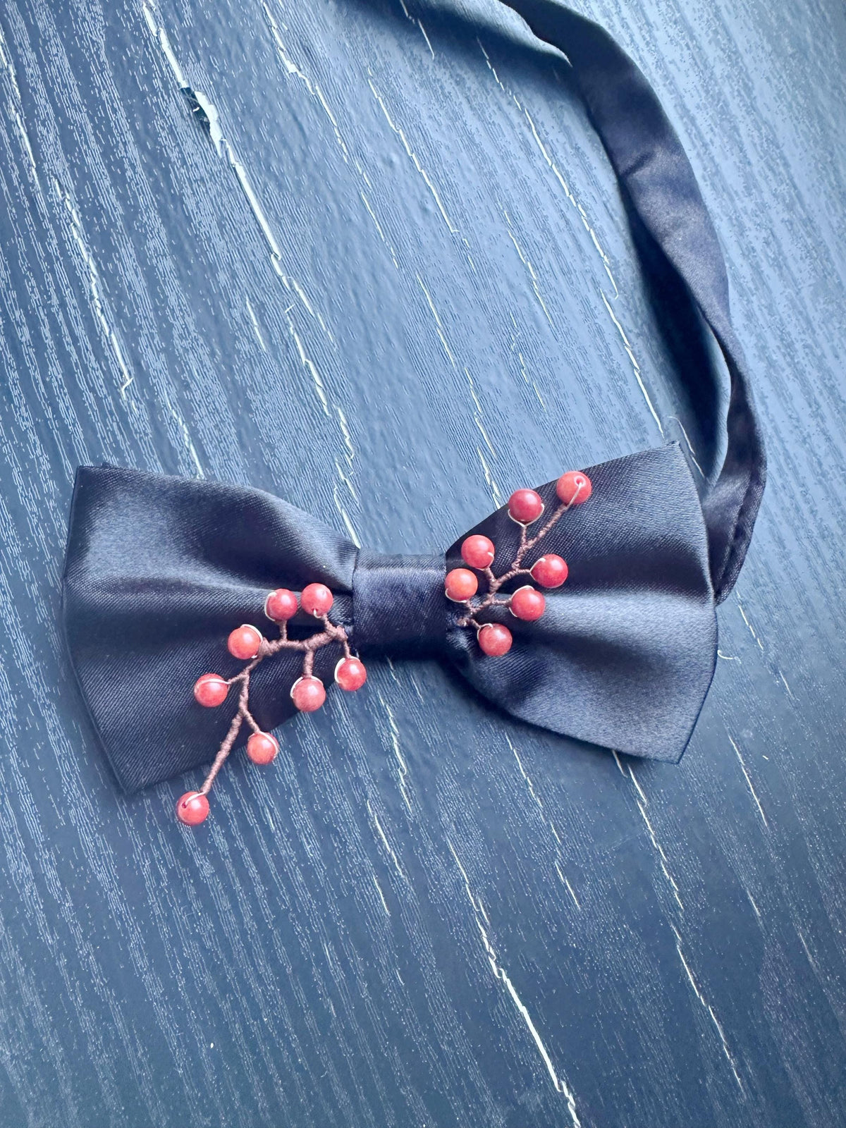 Handmade Bow Tie for women Men,Boys – Black Satin Bow Tie Red Coral beads made Cherry Blossom Branch – Asian Inspired , Formal Accessory