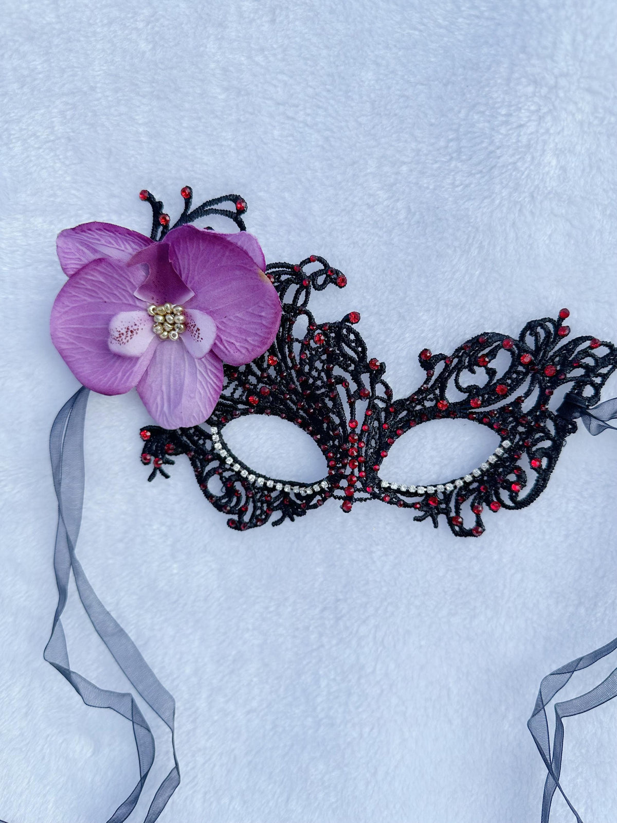 Lace masquerade Mask, with fabric Orchid flower and rhinestone, Masquerade Party mask, Halloween Party mask