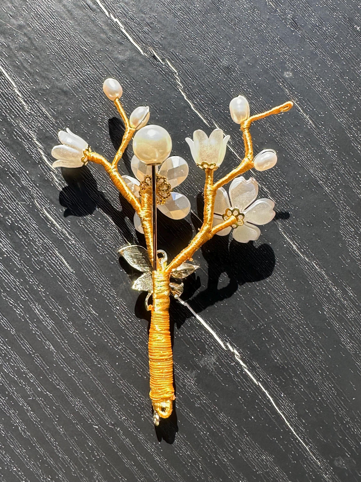 Handmade  brooch,  white color acrylic beads and freshwater pearls with gold color silk thread