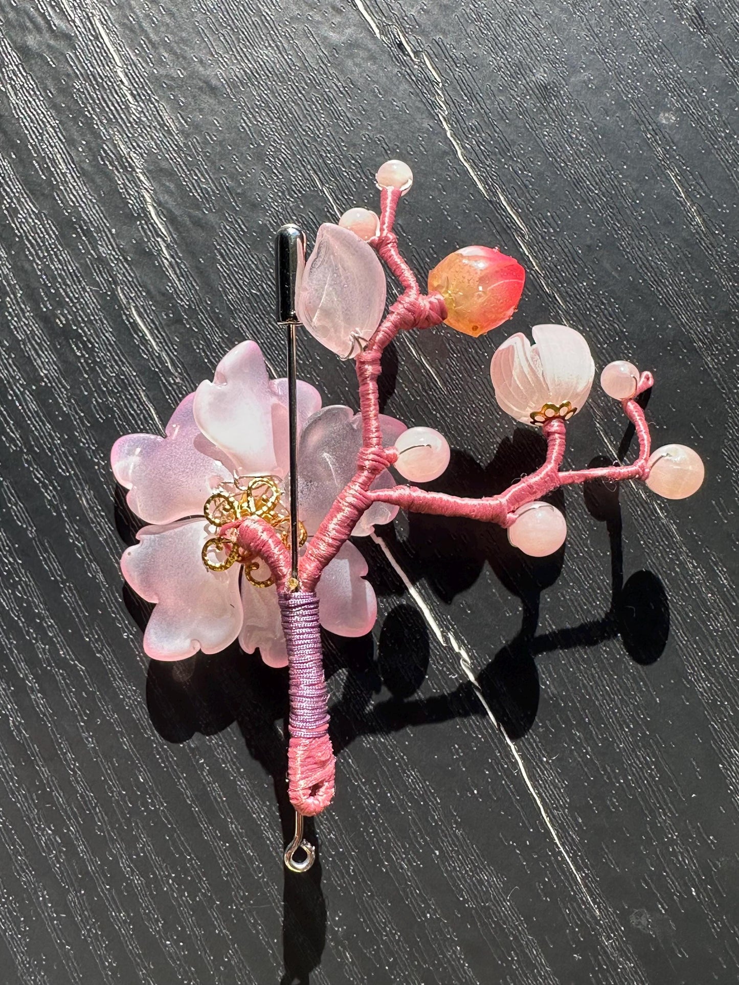 Handmade  brooch, pink color acrylic beads and gemstone beads with silk thread