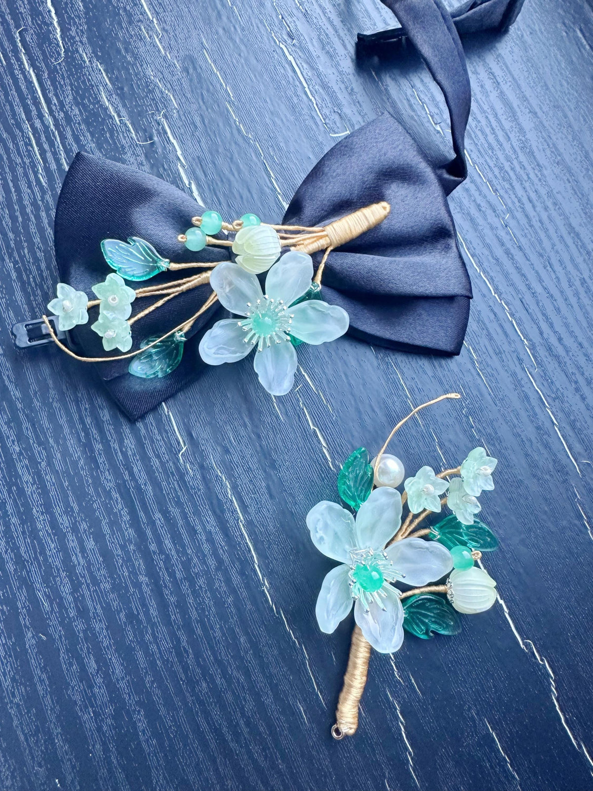 Handmade Bow Tie and brooch set for Women, Men,Boys – Black Satin Bow Tie flowers Blossom Branch – Asian Inspired Wedding Formal Accessory