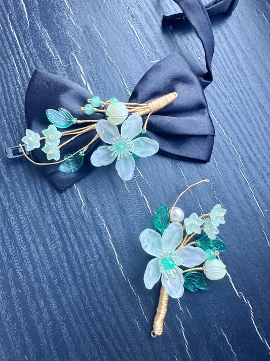 Handmade Bow Tie and brooch set for Women, Men,Boys – Black Satin Bow Tie flowers Blossom Branch – Asian Inspired Wedding Formal Accessory
