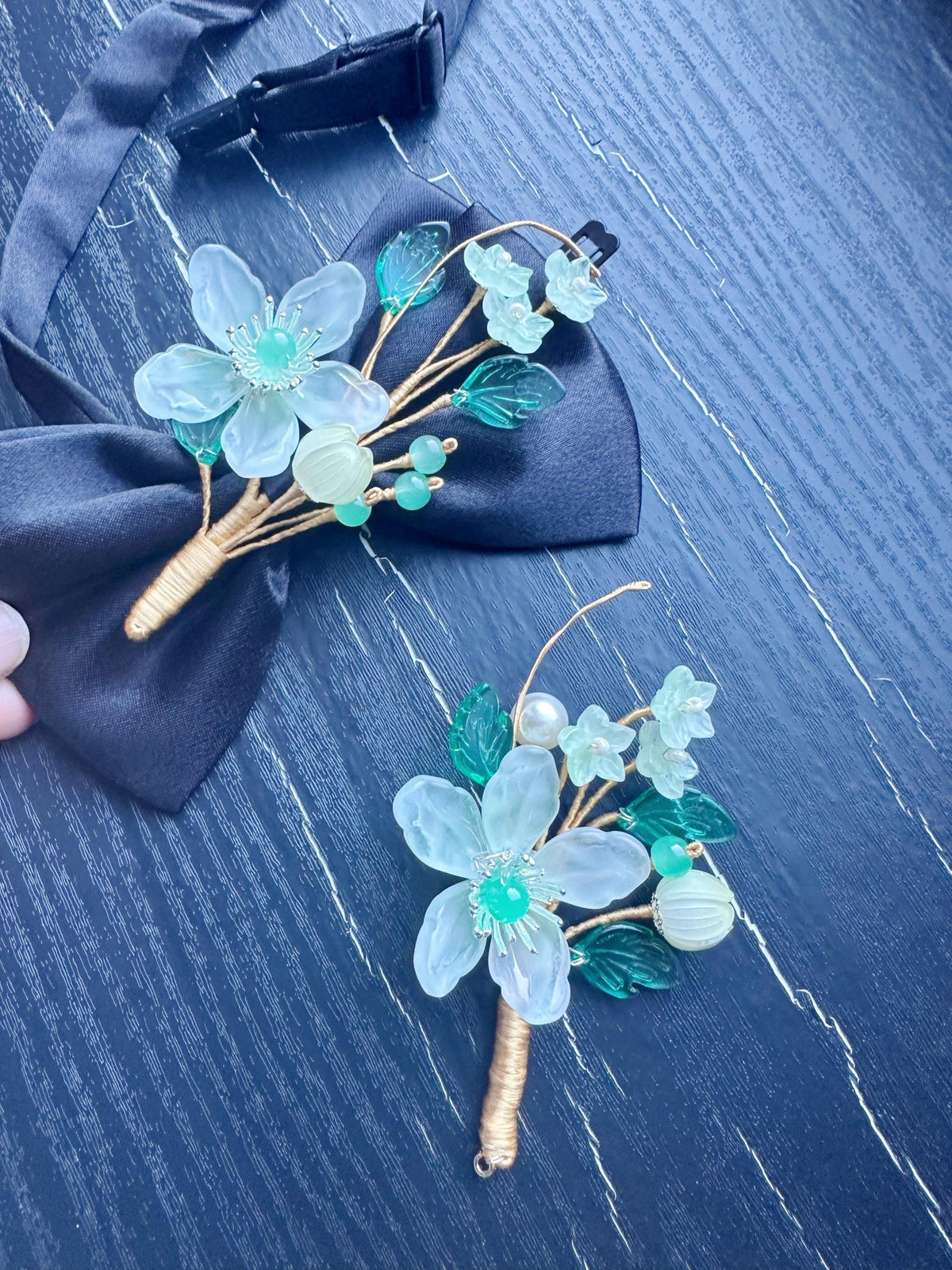 Handmade Bow Tie and brooch set for Women, Men,Boys – Black Satin Bow Tie flowers Blossom Branch – Asian Inspired Wedding Formal Accessory