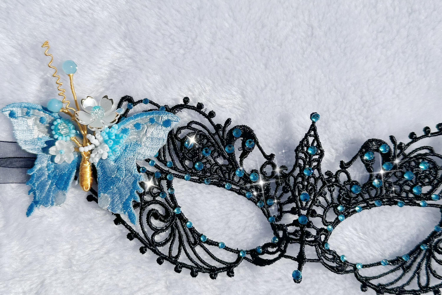One of a Kind Blue Butterfly Mask, Handmade Black Lace Masquerade Mask, Venetian Eye Mask with Blue color Rhinestones