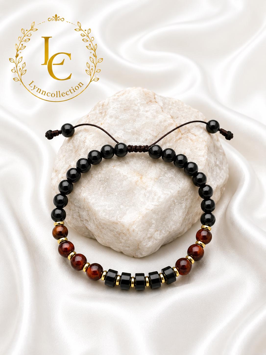 Gemstone Bracelet for HIM OR HER. Made it with Black Agate, 6mm Red Tiger’s eye beads. Adjustable Knotted Cord