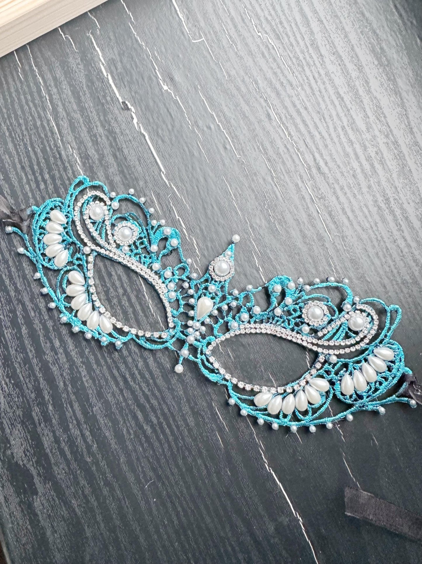 Blue color Lace Masquerade Mask, Embroidered Party Mask with white Resin beads and rhinestone, Halloween party mask
