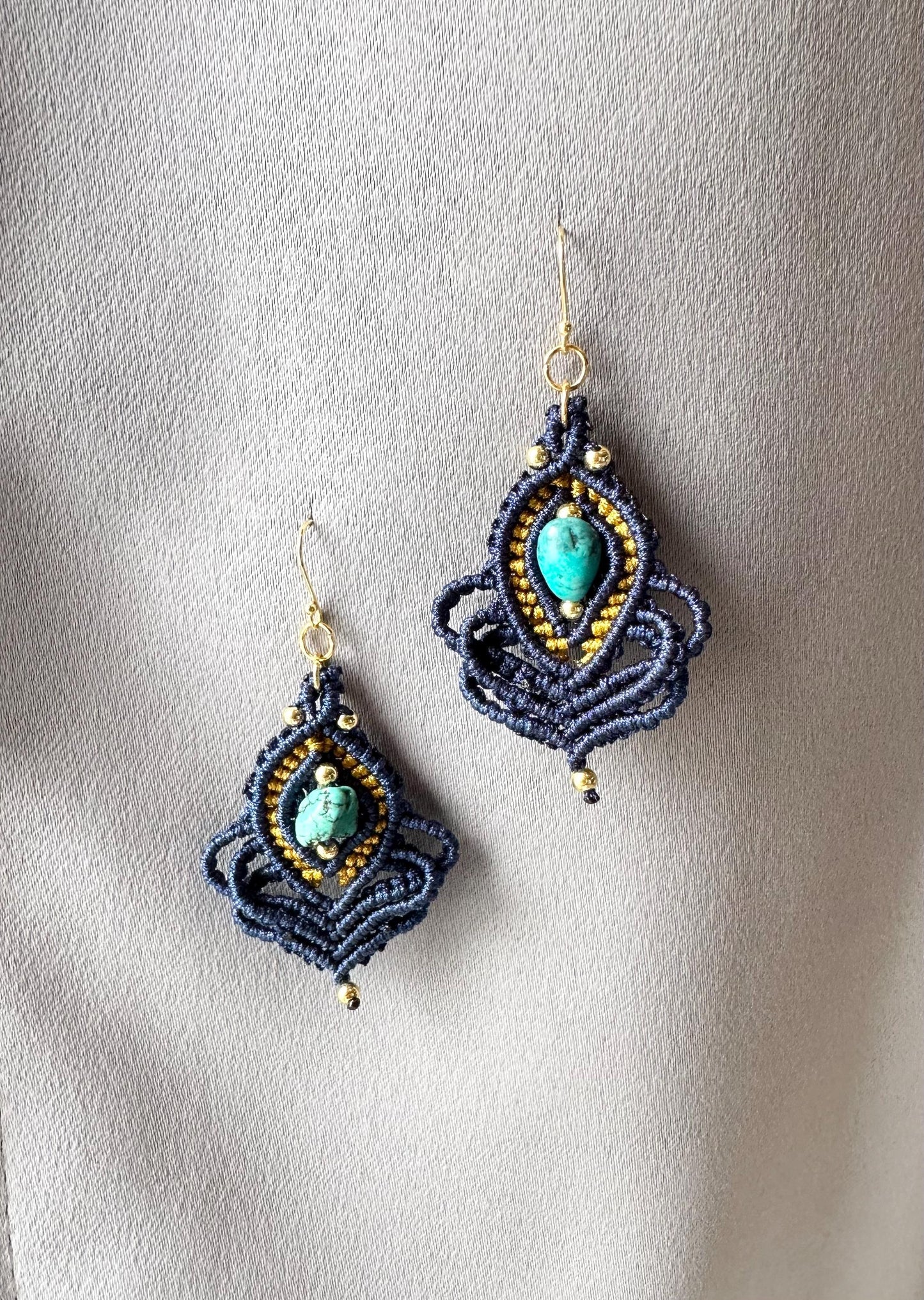 Navy Macrame Earrings: Turquoise Stone, Gold Plated Hooks