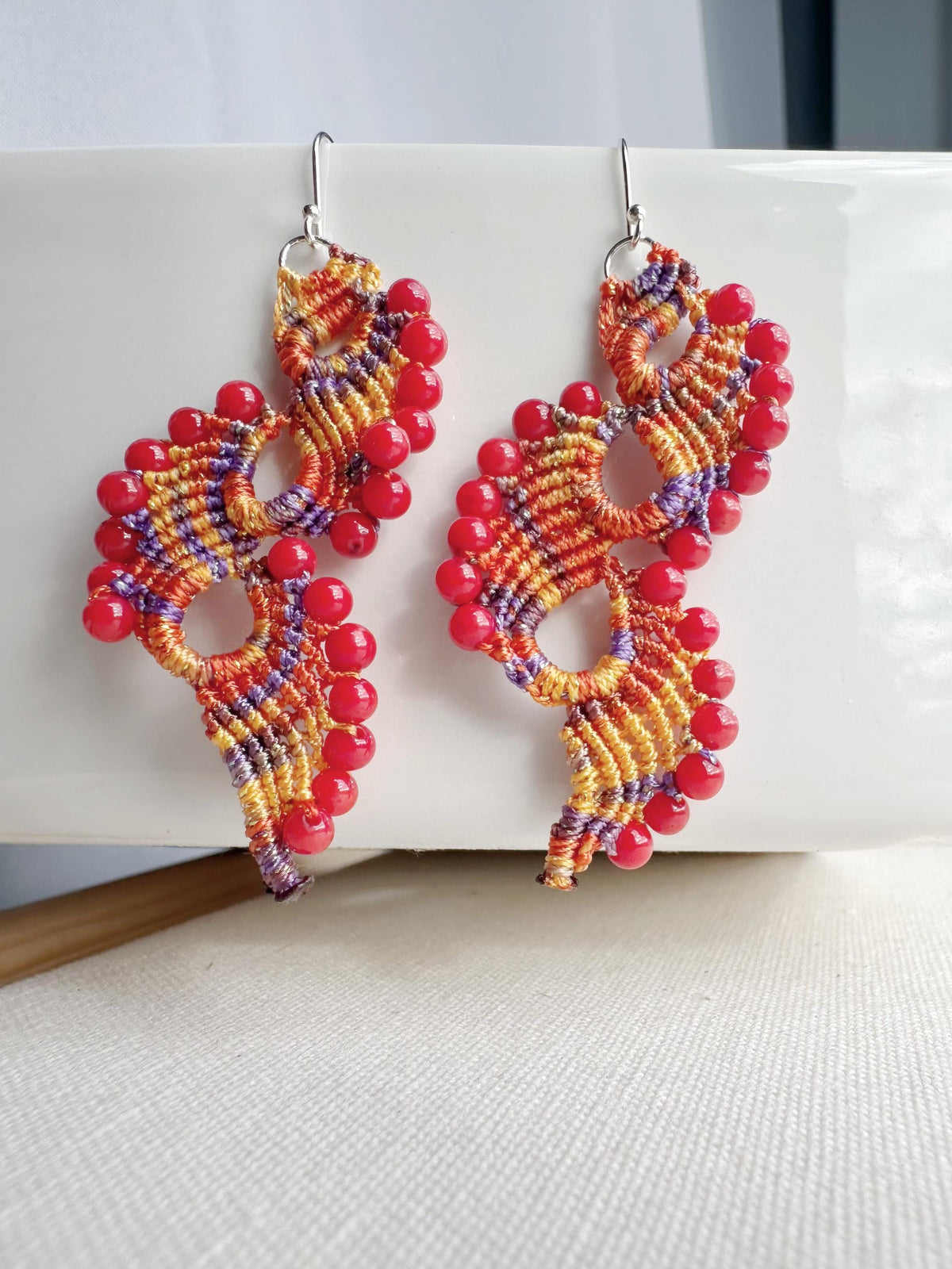 Handmade  Macrame Earrings peacock tail with coral beads and 925 sterling silver hooks