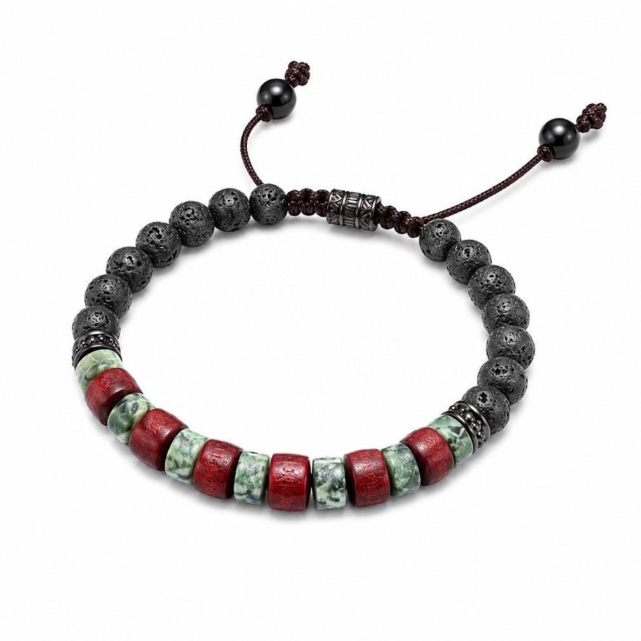 Beaded Bracelet for Him and Her – Kambaba Jasper, Sandalwood, Lava Stones, Adjustable