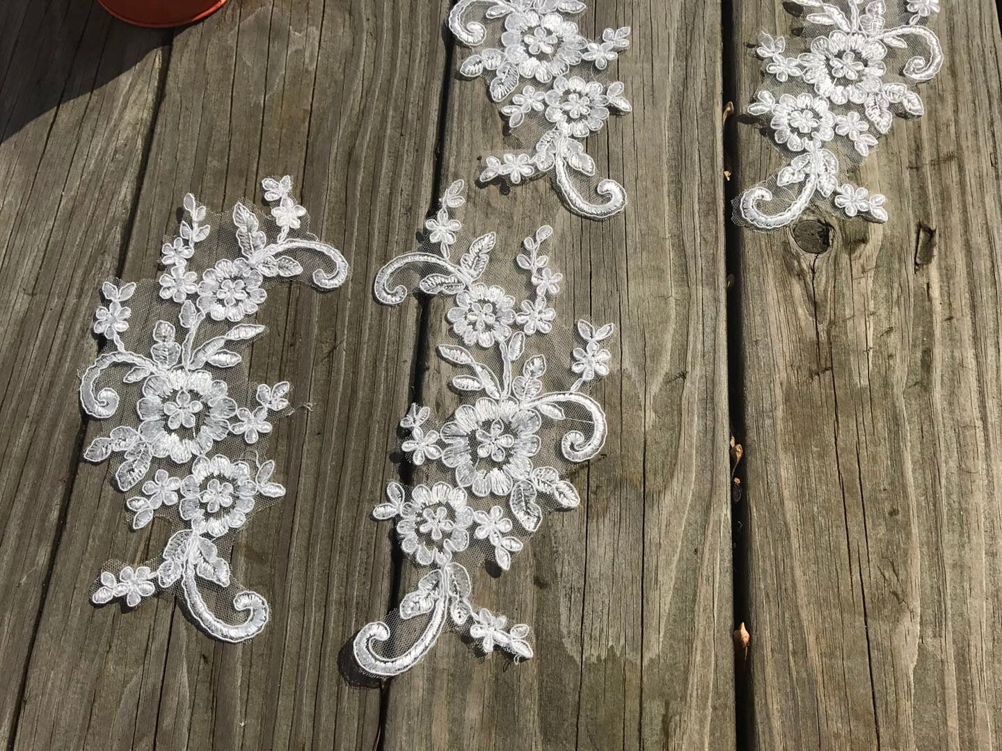 A95 Lace appliques ,wedding applique, Two Pairs Off White color Lace appliques,9 " length x 3 1/2" width Embroidered  Appliques A95