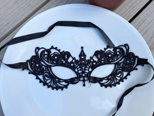 Black soft  Lace Mask with pink color Crystals Glass Rhinestone , Embroidery Mask, Black Mask, Party Mask, Wedding Mask, Halloween Mask