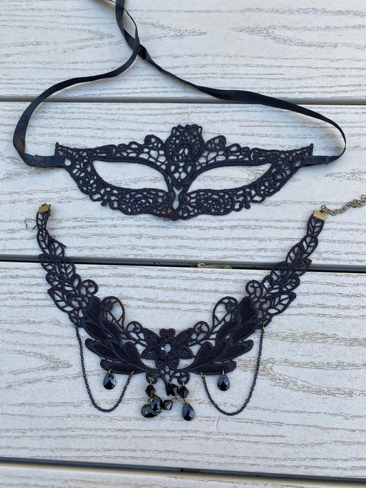 Black soft  Lace Mask, with black soft lace nacklace set , Embroidery Mask, AppBlack Mask, Party Mask, Wedding Mask, Halloween Mask