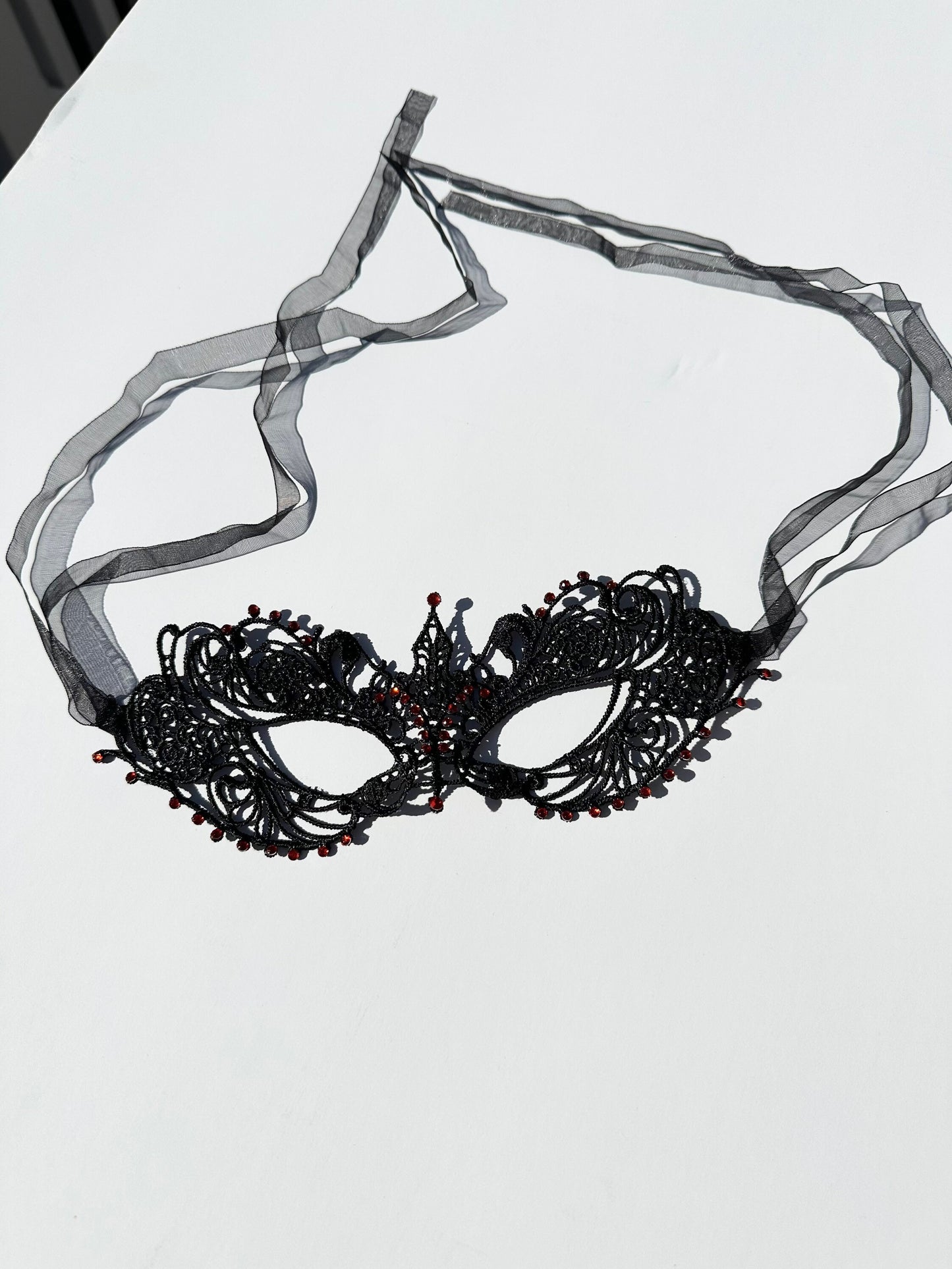 Black Color Lace Mask with Red color Crystals Glass Rhinestone , Embroidery Mask, Black Mask, Party Mask, Wedding Mask, Halloween Mask