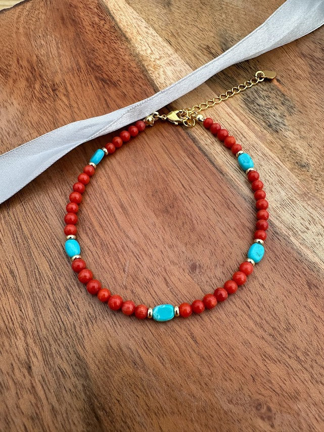 14k gold plated with Red Coral And Turquoise handmade bracelet