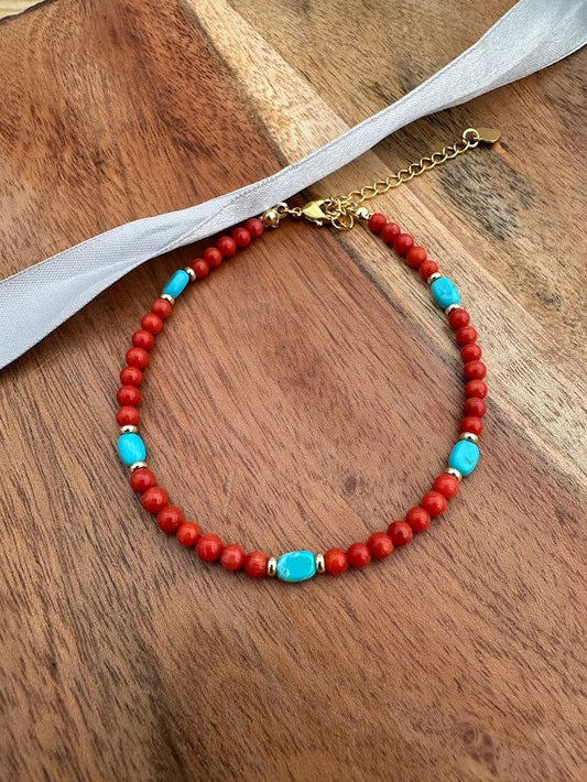 14k gold plated with Red Coral And Turquoise handmade bracelet
