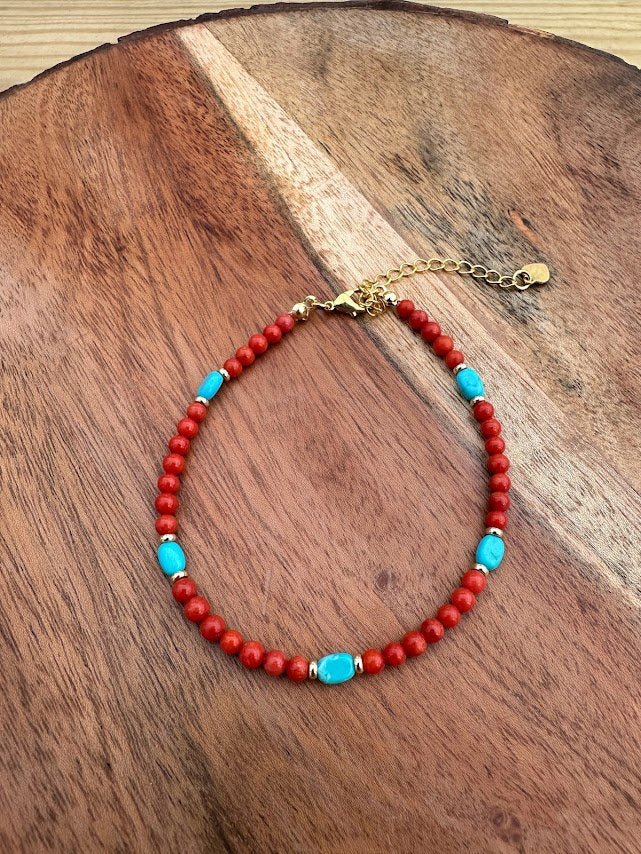 14k gold plated with Red Coral And Turquoise handmade bracelet