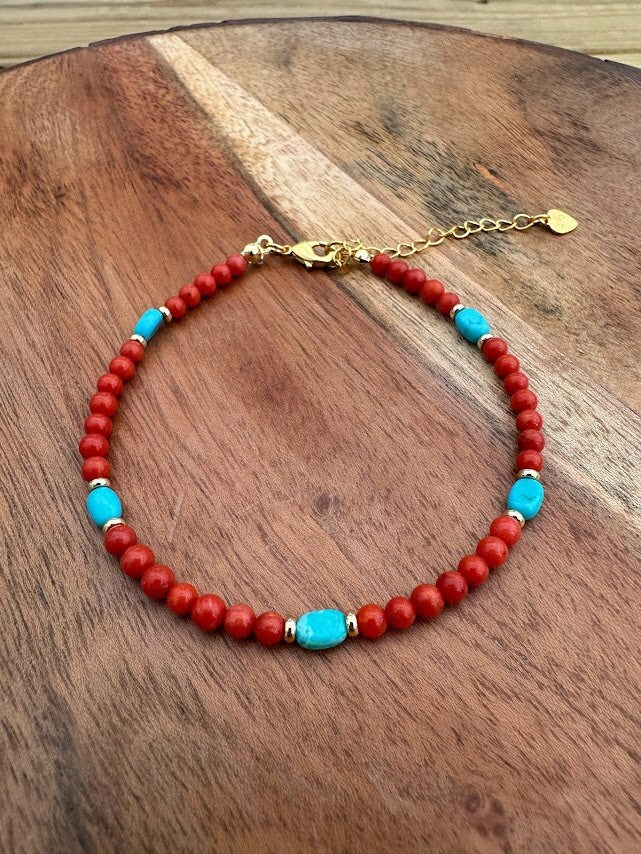 14k gold plated with Red Coral And Turquoise handmade bracelet