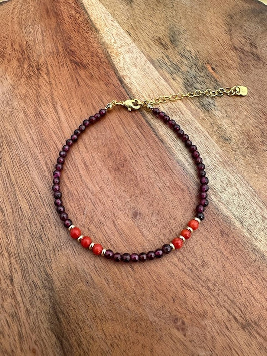 14k gold plated with Garnet and Coral handmade bracelet
