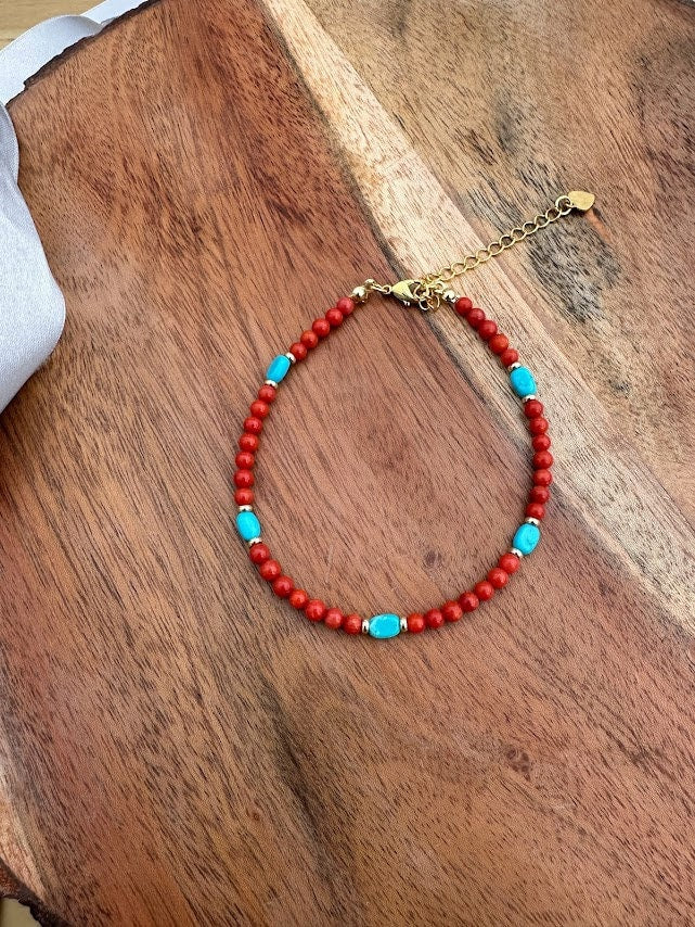 14k gold plated with Red Coral And Turquoise handmade bracelet