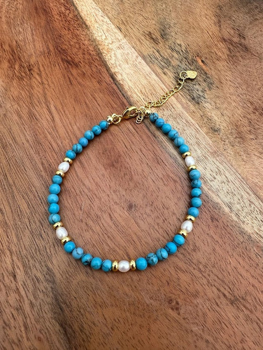 18k gold plated with Freshwater pearl And Turquoise handmade bracelet